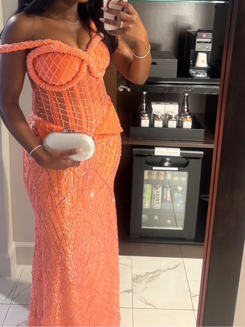 Elegant Off-Shoulder Beaded Dress in Coral